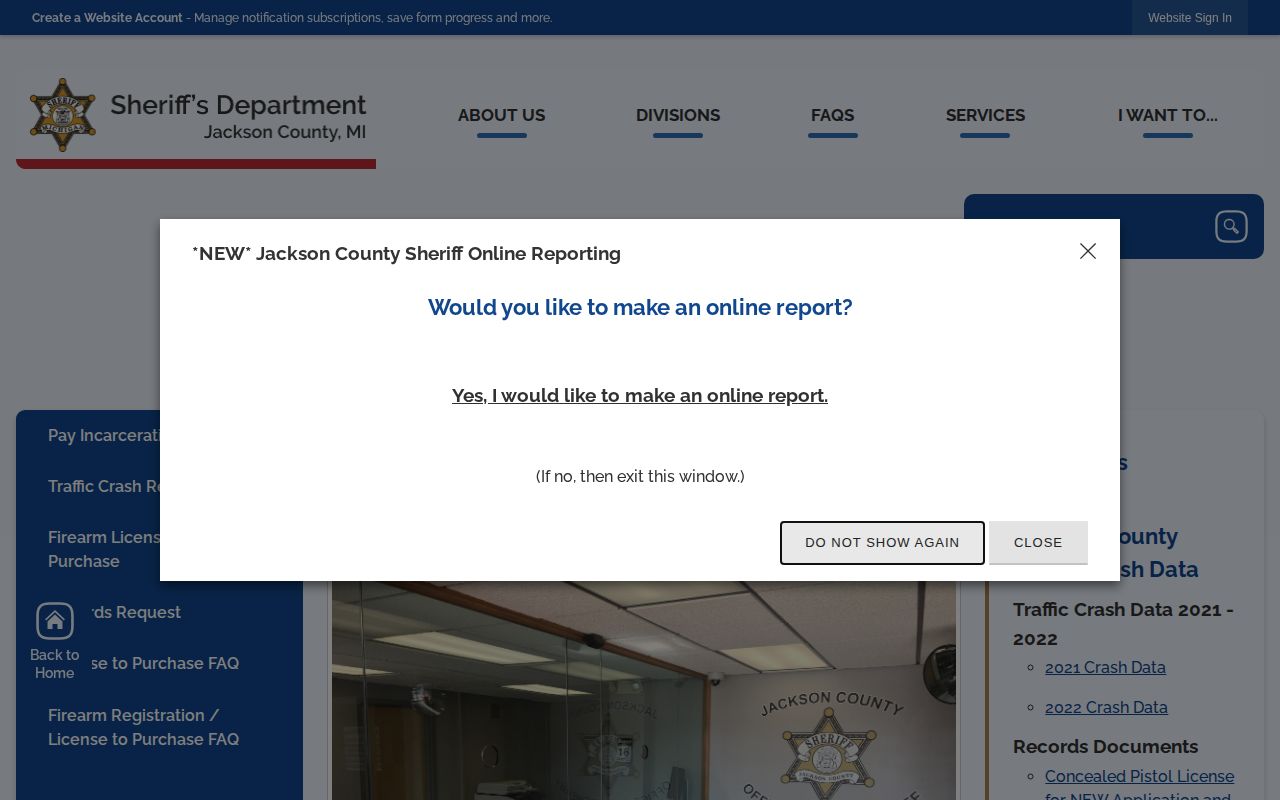Jackson County Sheriff Records Division arrest record request page