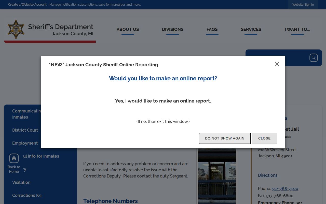 Jackson County Jail Information page for arrest custody and booking records