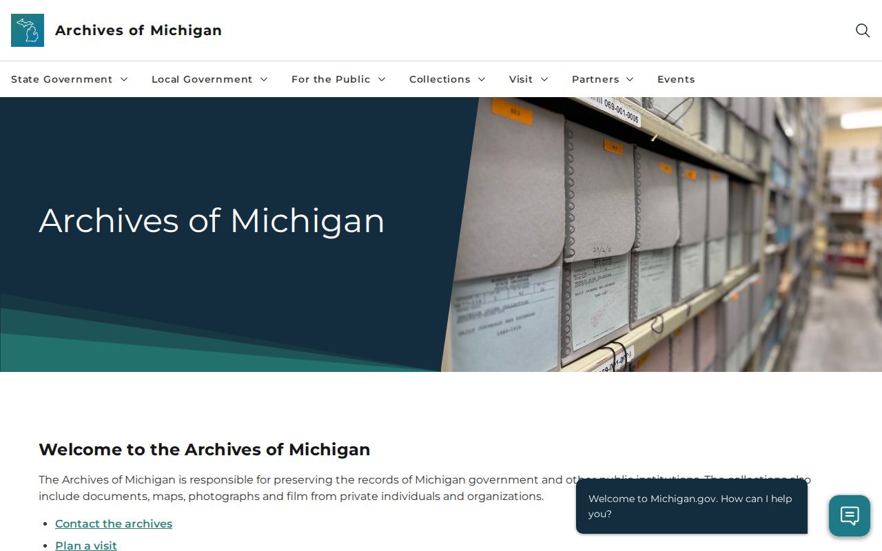 Official Archives of Michigan webpage
